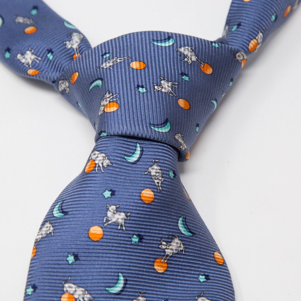 Leonard Paris 100% Silk Blue Tie Cow Moon Whimsical Tie